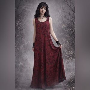 Studio 1 Dress Womens 10 Tall Maxi red black Floral Lined Sleeveless whimsy goth